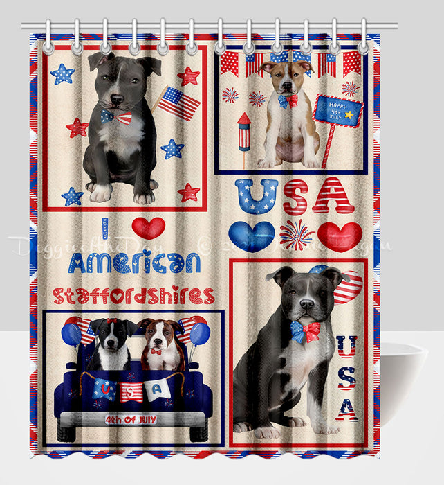 4th of July Independence Day I Love USA American Staffordshire Dogs Shower Curtain Pet Painting Bathtub Curtain Waterproof Polyester One-Side Printing Decor Bath Tub Curtain for Bathroom with Hooks