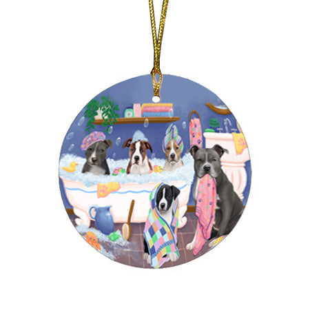 Rub A Dub Dogs In A Tub American Staffordshires Dog Round Flat Christmas Ornament RFPOR57109