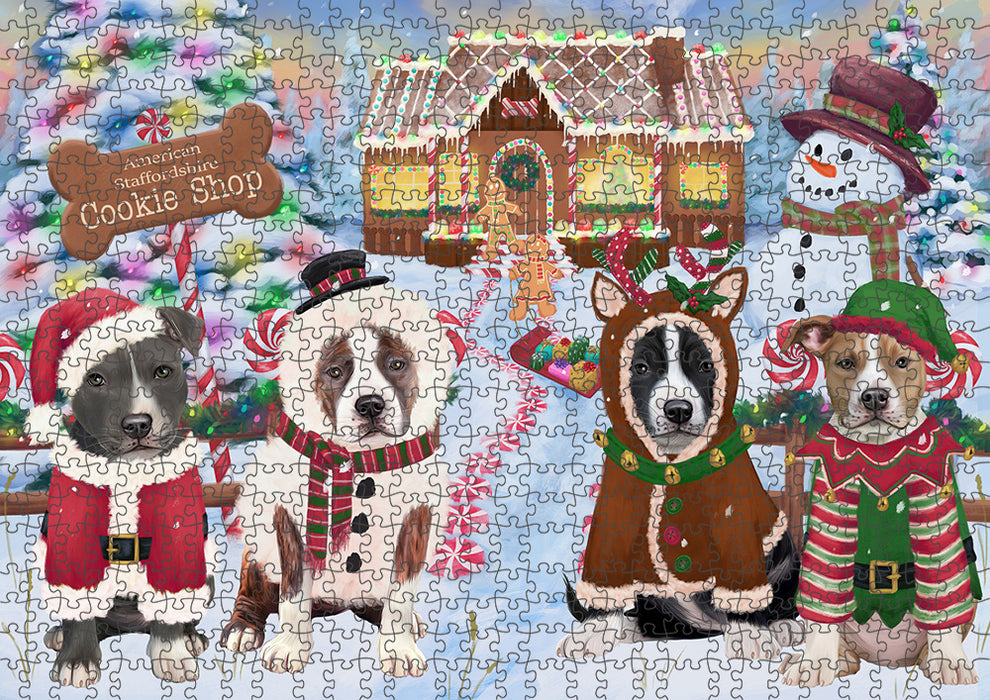 Holiday Gingerbread Cookie Shop American Staffordshires Dog Puzzle with Photo Tin PUZL92584