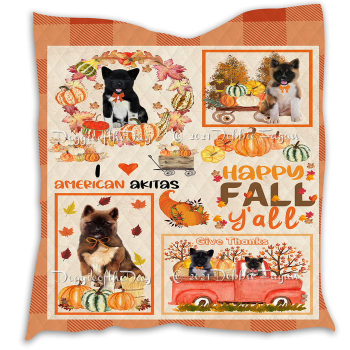 Happy Fall Y'all Pumpkin American Akita Dogs Quilt Bed Coverlet Bedspread - Pets Comforter Unique One-side Animal Printing - Soft Lightweight Durable Washable Polyester Quilt