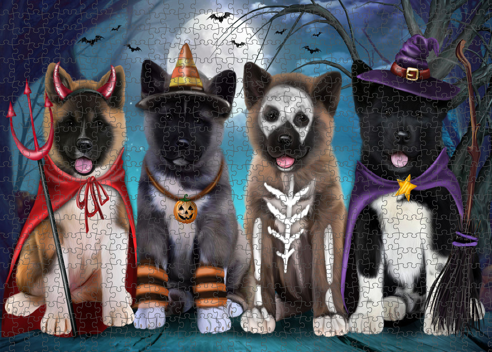 Happy Halloween Trick or Treat American Akita Dogs Portrait Jigsaw Puzzle for Adults Animal Interlocking Puzzle Game Unique Gift for Dog Lover's with Metal Tin Box