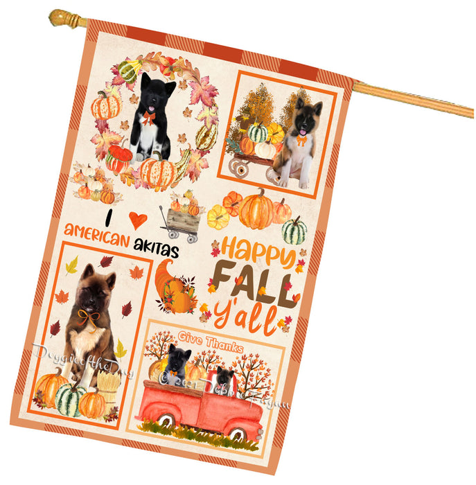 Happy Fall Y'all Pumpkin American Akita Dogs House Flag Outdoor Decorative Double Sided Pet Portrait Weather Resistant Premium Quality Animal Printed Home Decorative Flags 100% Polyester