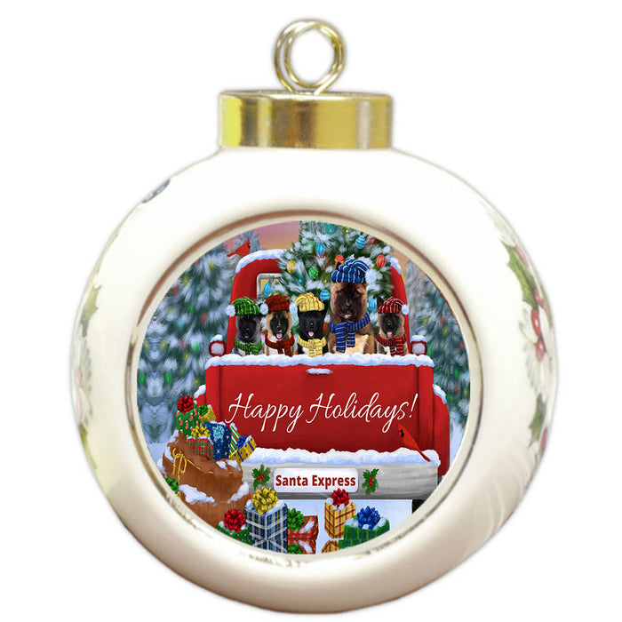 Christmas Red Truck Travlin Home for the Holidays American Akita Dogs Round Ball Christmas Ornament Pet Decorative Hanging Ornaments for Christmas X-mas Tree Decorations - 3" Round Ceramic Ornament