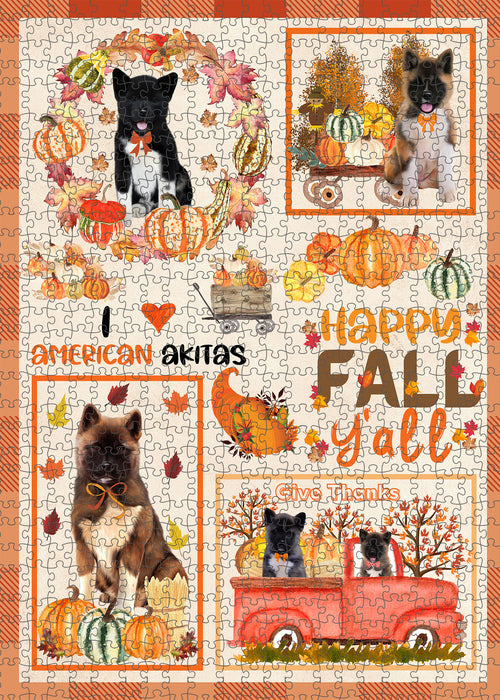 Happy Fall Y'all Pumpkin American Akita Dogs Portrait Jigsaw Puzzle for Adults Animal Interlocking Puzzle Game Unique Gift for Dog Lover's with Metal Tin Box