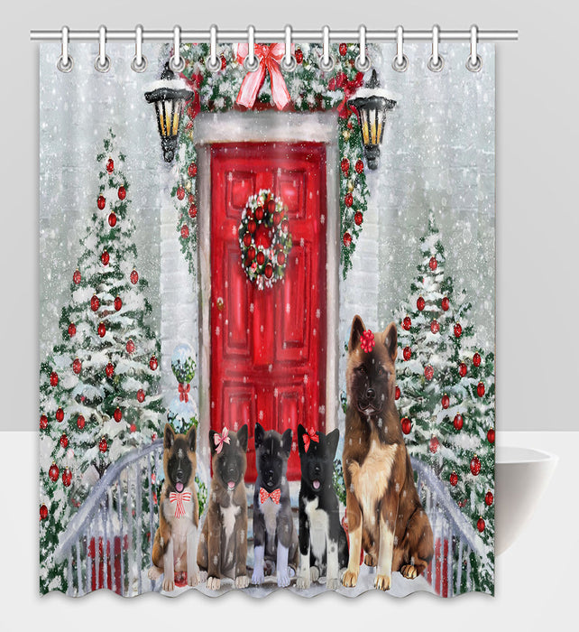 Christmas Holiday Welcome American Akita Dogs Shower Curtain Pet Painting Bathtub Curtain Waterproof Polyester One-Side Printing Decor Bath Tub Curtain for Bathroom with Hooks