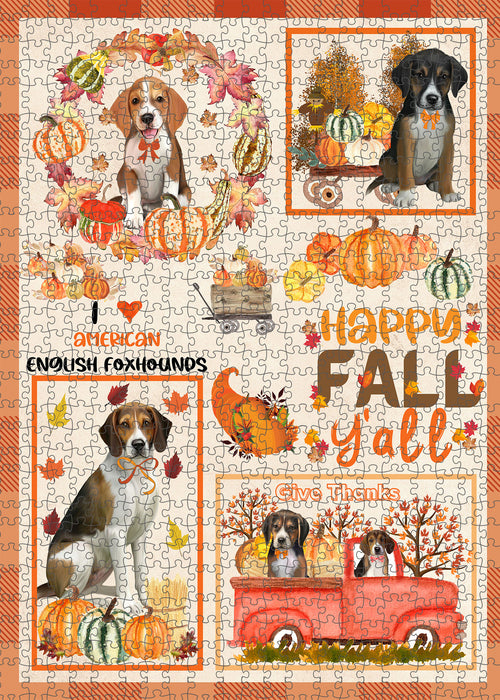 Happy Fall Y'all Pumpkin American English Foxhound Dogs Portrait Jigsaw Puzzle for Adults Animal Interlocking Puzzle Game Unique Gift for Dog Lover's with Metal Tin Box