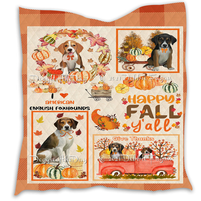 Happy Fall Y'all Pumpkin American English Foxhound Dogs Quilt Bed Coverlet Bedspread - Pets Comforter Unique One-side Animal Printing - Soft Lightweight Durable Washable Polyester Quilt