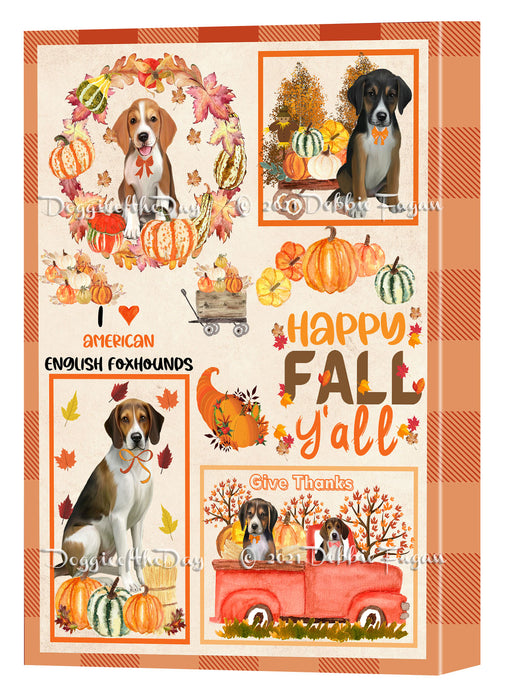 Happy Fall Y'all Pumpkin American English Foxhound Dogs Canvas Wall Art - Premium Quality Ready to Hang Room Decor Wall Art Canvas - Unique Animal Printed Digital Painting for Decoration