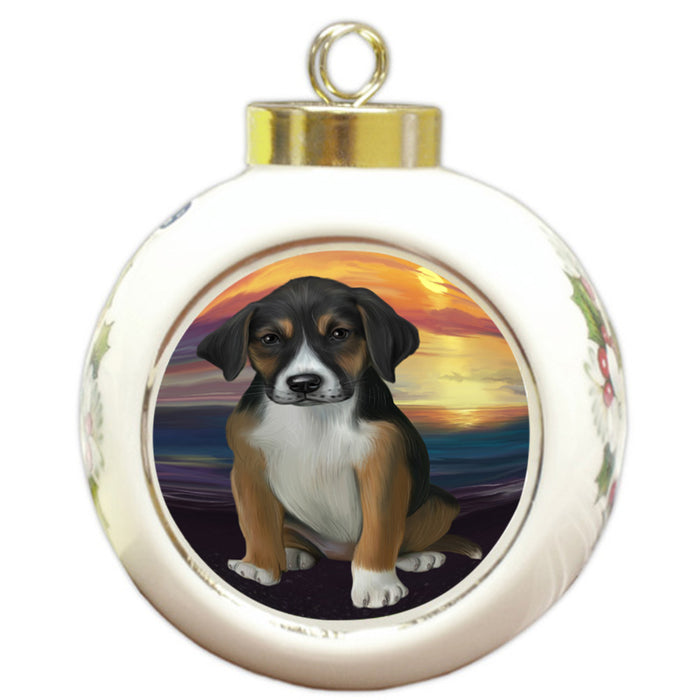 Sunset American English Foxhound Dog Round Ball Christmas Ornament RBPOR58269