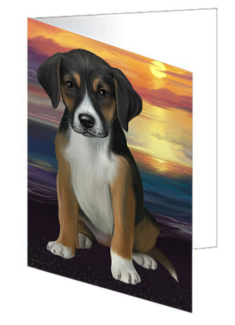 Sunset American English Foxhound Dog Handmade Artwork Assorted Pets Greeting Cards and Note Cards with Envelopes for All Occasions and Holiday Seasons GCD76892