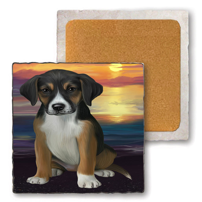 Sunset American English Foxhound Dog Set of 4 Natural Stone Marble Tile Coasters MCST52142