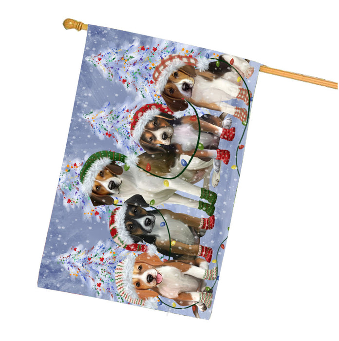 Christmas Lights and American English Foxhound Dogs House Flag Outdoor Decorative Double Sided Pet Portrait Weather Resistant Premium Quality Animal Printed Home Decorative Flags 100% Polyester