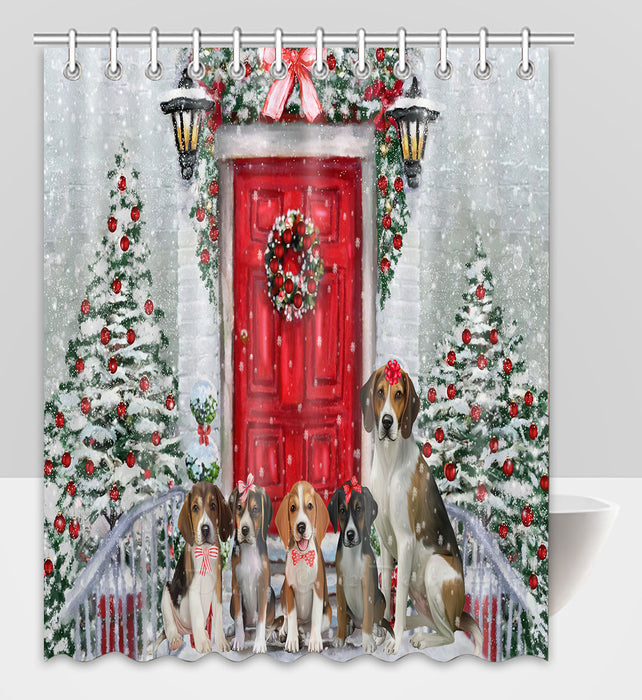 Christmas Holiday Welcome American English Foxhound Dogs Shower Curtain Pet Painting Bathtub Curtain Waterproof Polyester One-Side Printing Decor Bath Tub Curtain for Bathroom with Hooks