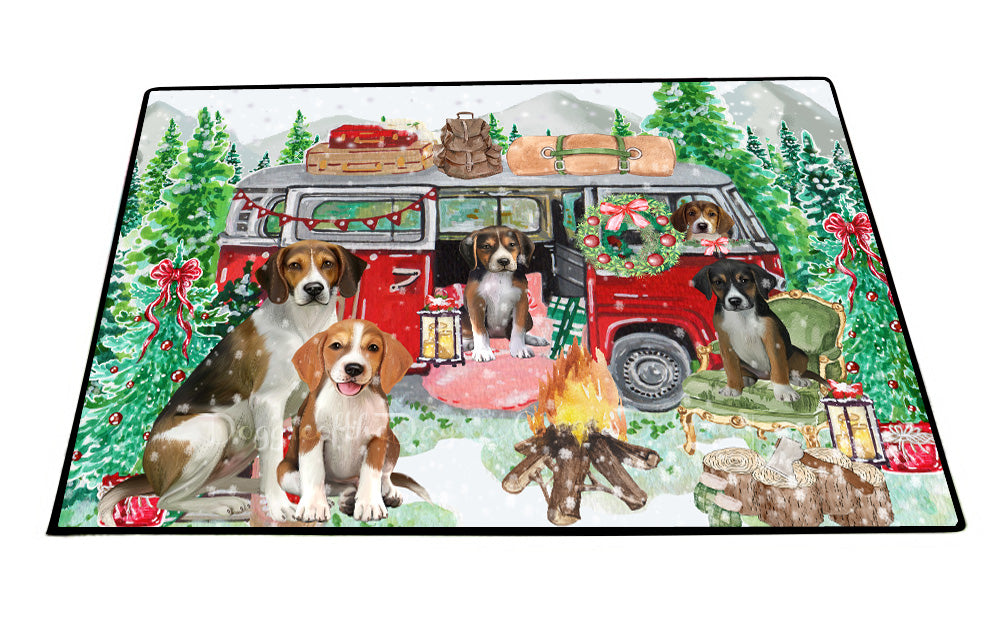 Christmas Time Camping with American English Foxhound Dogs Floor Mat- Anti-Slip Pet Door Mat Indoor Outdoor Front Rug Mats for Home Outside Entrance Pets Portrait Unique Rug Washable Premium Quality Mat