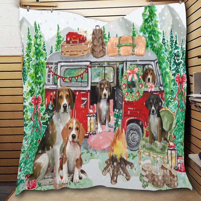 Christmas Time Camping with American English Foxhound Dogs  Quilt Bed Coverlet Bedspread - Pets Comforter Unique One-side Animal Printing - Soft Lightweight Durable Washable Polyester Quilt