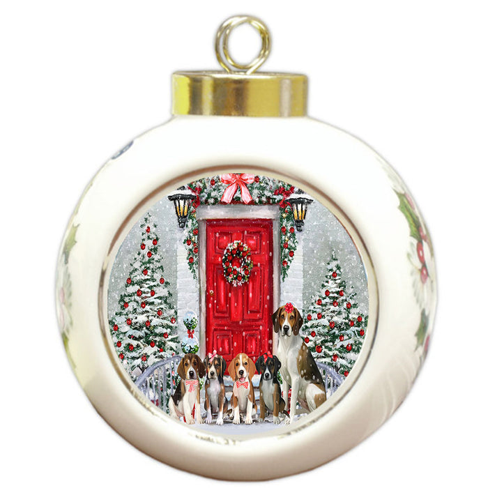 Christmas Holiday Welcome American English Foxhound Dogs Round Ball Christmas Ornament Pet Decorative Hanging Ornaments for Christmas X-mas Tree Decorations - 3" Round Ceramic Ornament