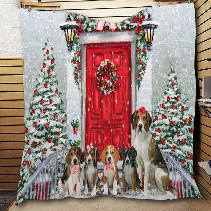 Christmas Holiday Welcome American English Foxhound Dogs  Quilt Bed Coverlet Bedspread - Pets Comforter Unique One-side Animal Printing - Soft Lightweight Durable Washable Polyester Quilt