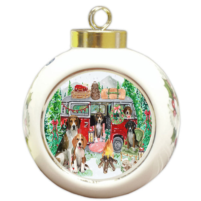 Christmas Time Camping with American English Foxhound Dogs Round Ball Christmas Ornament Pet Decorative Hanging Ornaments for Christmas X-mas Tree Decorations - 3" Round Ceramic Ornament