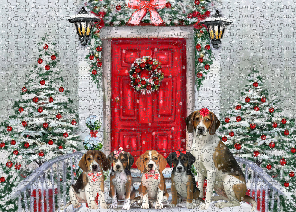 Christmas Holiday Welcome American English Foxhound Dogs Portrait Jigsaw Puzzle for Adults Animal Interlocking Puzzle Game Unique Gift for Dog Lover's with Metal Tin Box