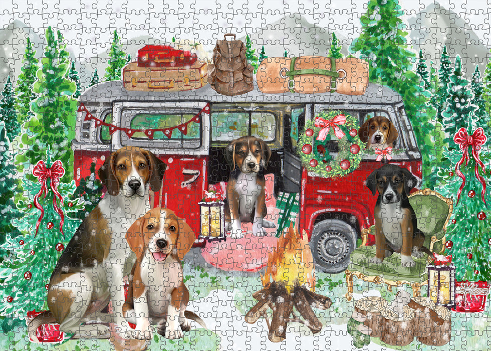Christmas Time Camping with American English Foxhound Dogs Portrait Jigsaw Puzzle for Adults Animal Interlocking Puzzle Game Unique Gift for Dog Lover's with Metal Tin Box