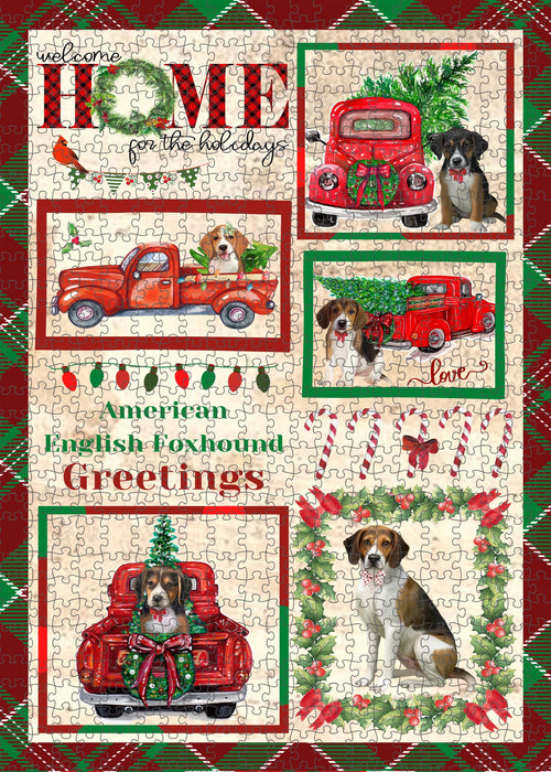 Welcome Home for Christmas Holidays American English Foxhound Dogs Portrait Jigsaw Puzzle for Adults Animal Interlocking Puzzle Game Unique Gift for Dog Lover's with Metal Tin Box