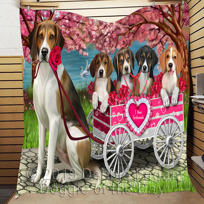 I Love American English Foxhound Dogs in a Cart Quilt