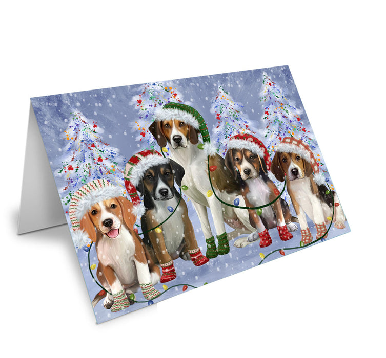Christmas Lights and American English Foxhound Dogs Handmade Artwork Assorted Pets Greeting Cards and Note Cards with Envelopes for All Occasions and Holiday Seasons