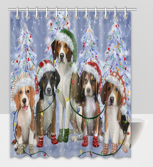 Christmas Lights and American English Foxhound Dogs Shower Curtain Pet Painting Bathtub Curtain Waterproof Polyester One-Side Printing Decor Bath Tub Curtain for Bathroom with Hooks