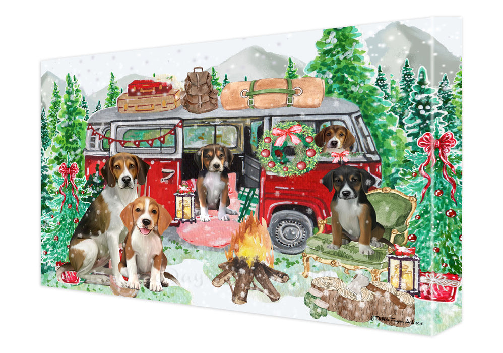 Christmas Time Camping with American English Foxhound Dogs Canvas Wall Art - Premium Quality Ready to Hang Room Decor Wall Art Canvas - Unique Animal Printed Digital Painting for Decoration