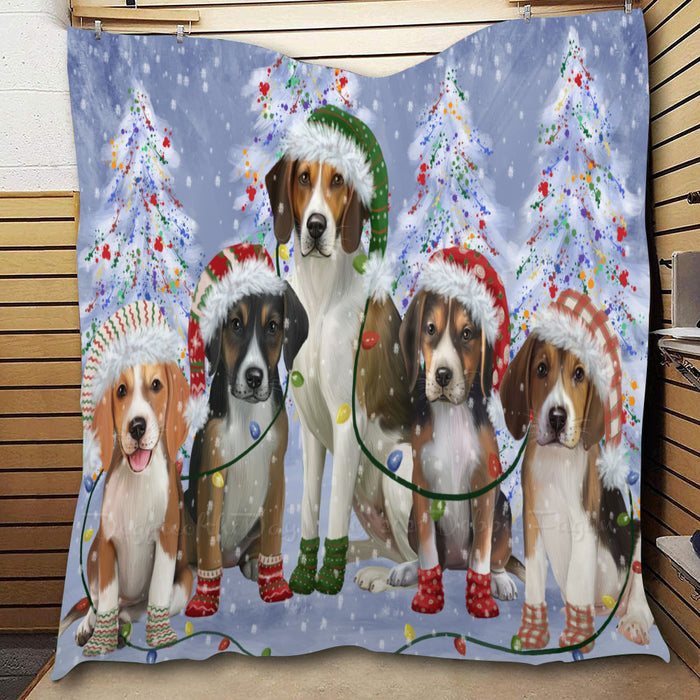 Christmas Lights and American English Foxhound Dogs  Quilt Bed Coverlet Bedspread - Pets Comforter Unique One-side Animal Printing - Soft Lightweight Durable Washable Polyester Quilt