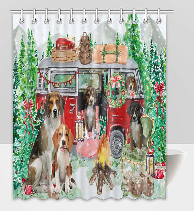 Christmas Time Camping with American English Foxhound Dogs Shower Curtain Pet Painting Bathtub Curtain Waterproof Polyester One-Side Printing Decor Bath Tub Curtain for Bathroom with Hooks