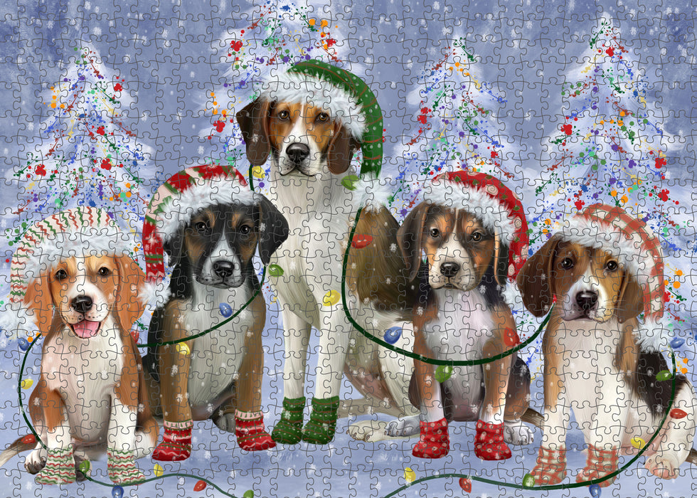 Christmas Lights and American English Foxhound Dogs Portrait Jigsaw Puzzle for Adults Animal Interlocking Puzzle Game Unique Gift for Dog Lover's with Metal Tin Box