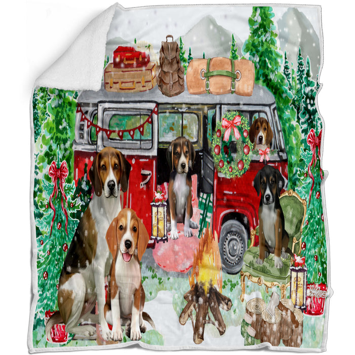 Christmas Time Camping with American English Foxhound Dogs Blanket - Lightweight Soft Cozy and Durable Bed Blanket - Animal Theme Fuzzy Blanket for Sofa Couch
