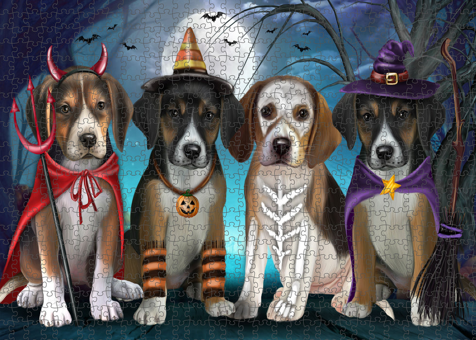 Happy Halloween Trick or Treat American English Foxhound Dogs Portrait Jigsaw Puzzle for Adults Animal Interlocking Puzzle Game Unique Gift for Dog Lover's with Metal Tin Box