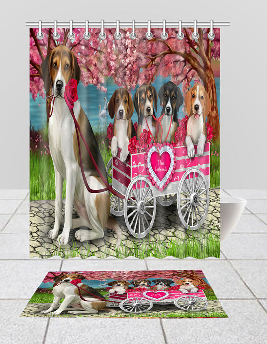 I Love American English Foxhound Dogs in a Cart Bath Mat and Shower Curtain Combo