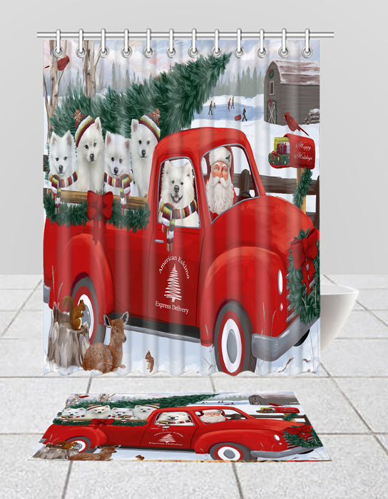 Christmas Santa Express Delivery Red Truck American Eskimo Dogs Bath Mat and Shower Curtain Combo