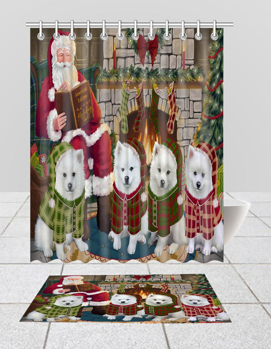 Christmas Cozy Holiday Fire Tails American Eskimo Dogs Bath Mat and Shower Curtain Combo