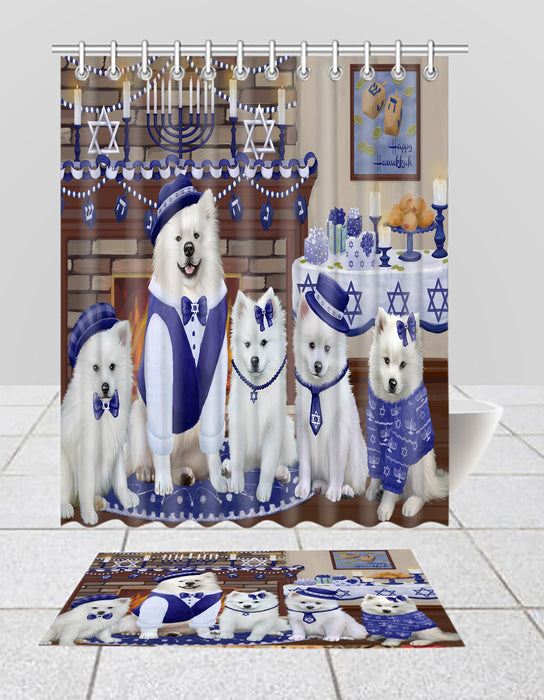 Happy Hanukkah Family American Eskimo Dogs Bath Mat and Shower Curtain Combo