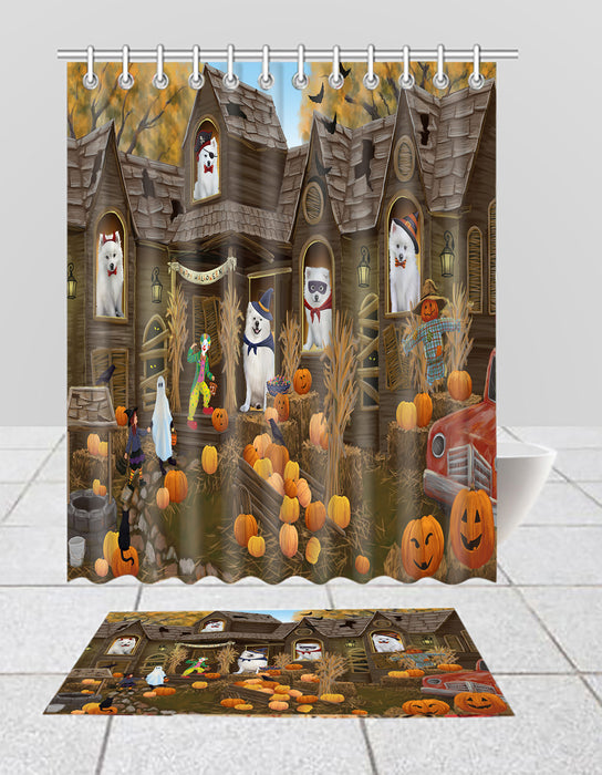 Haunted House Halloween Trick or Treat American Eskimo Dogs  Bath Mat and Shower Curtain Combo