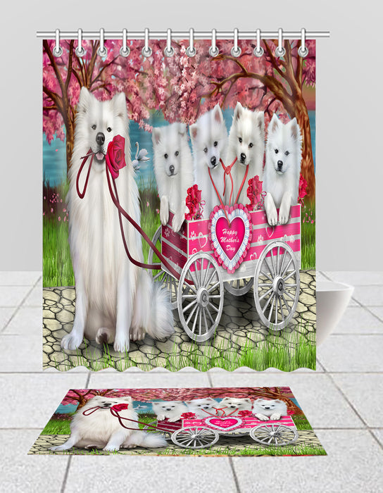 I Love American Eskimo Dogs in a Cart Bath Mat and Shower Curtain Combo