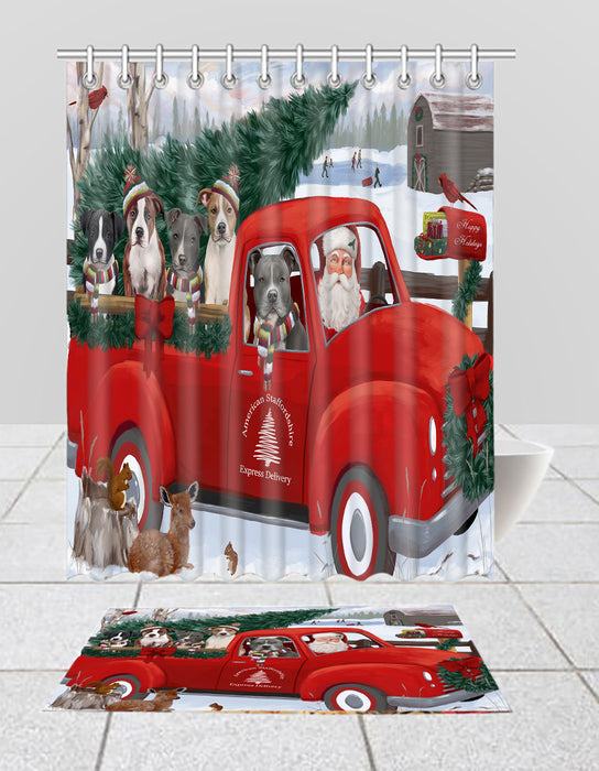 Christmas Santa Express Delivery Red Truck American Staffordshire Dogs Bath Mat and Shower Curtain Combo