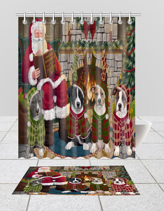 Christmas Cozy Holiday Fire Tails American Staffordshire Dogs Bath Mat and Shower Curtain Combo