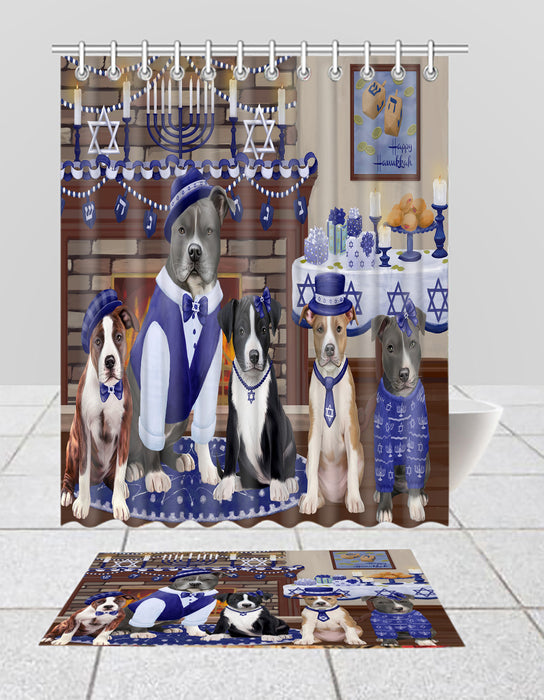 Happy Hanukkah Family American Staffordshire Dogs Bath Mat and Shower Curtain Combo