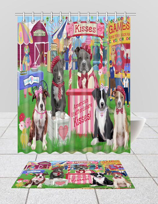 Carnival Kissing Booth American Staffordshire Dogs  Bath Mat and Shower Curtain Combo