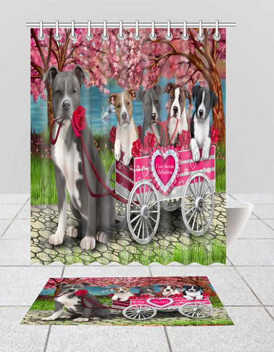 I Love American Staffordshire Dogs in a Cart Bath Mat and Shower Curtain Combo