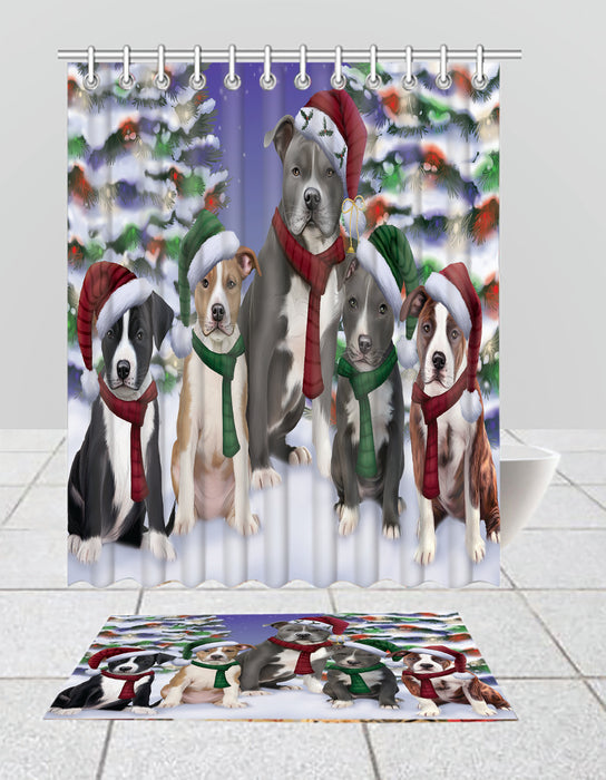 American Staffordshire Dogs Christmas Family Portrait in Holiday Scenic Background  Bath Mat and Shower Curtain Combo