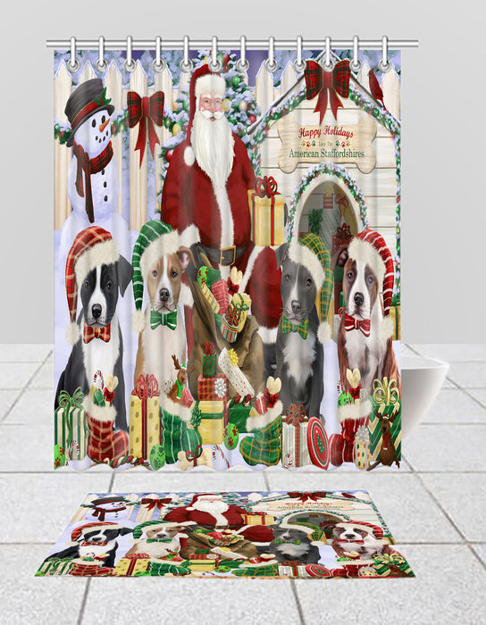 Happy Holidays Christmas American Staffordshire Dogs House Gathering Bath Mat and Shower Curtain Combo