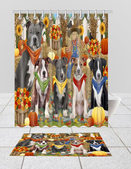 Fall Festive Harvest Time Gathering American Staffordshire Dogs Bath Mat and Shower Curtain Combo