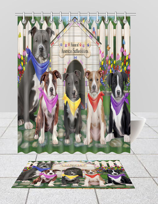 Spring Dog House American Staffordshire Dogs Bath Mat and Shower Curtain Combo
