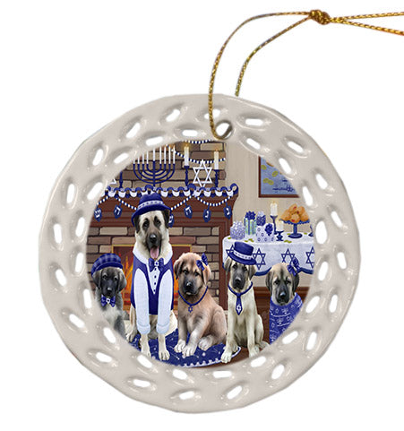 Happy Hanukkah Family Anatolian Shepherd Dogs Ceramic Doily Ornament DPOR57584